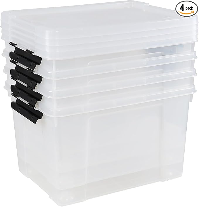 34 L Clear Plastic Storage Bins Box with Lid Stackable Lidded Storage Bin Container with Wheels and Secure Latching Buckles 4 Packs
