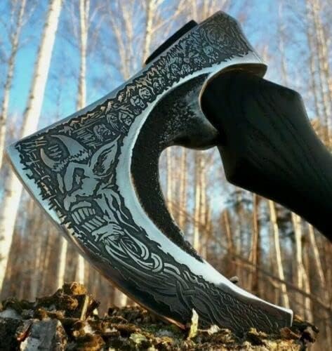 AXE009AM FS Crafts 10.00 Custom Handmade Viking Axe Fist Axe (Palm-Sized) Carbon Steel Hunting Axe Hand Forged Axe Carbon Steel Head Hatchet with Leather Sheath Outdoors Fishing Camping Knife
