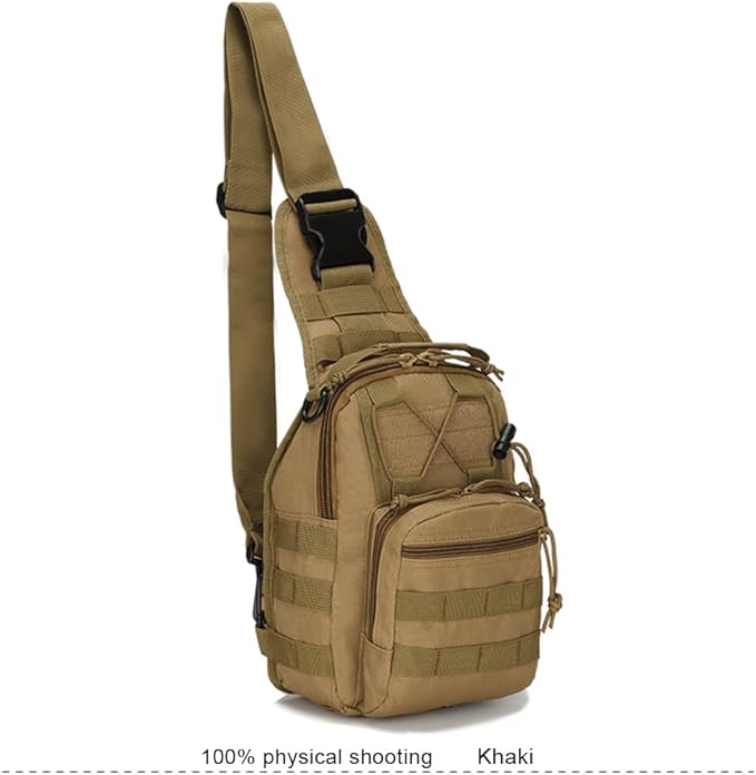 SUMAC Universal Tactical Sling Backpack - 600D Polyester Waterproof Crossbody Pack for Camping Hiking Fishing Hunting - EDC Bag with Molle System - Khaki