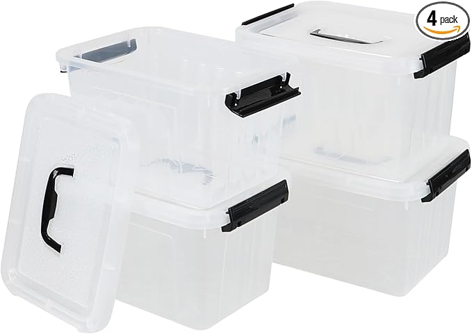 4-Pack 5 L Plastic Storage Bins with Lids and Black Handle Clear Storage Container Latch Boxes