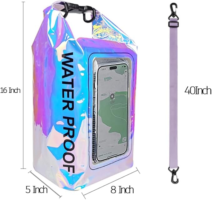 Clear Pvc Holographic Dry Bag 5L Roll Top Portable Fashionable Fishing Rafting Waterproof Dry Sack Keeps Gear Dry For Storage (5L)