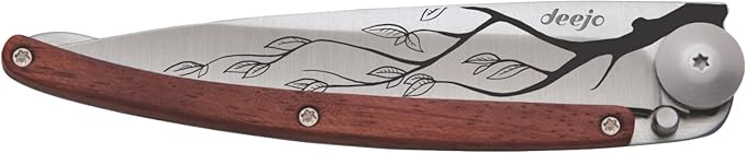 deejo - 27G Folding Pocket Knife with Belt Clip - Tree Design 2.95-Inch Stainless Steel Blade Coral Wood Handle - Lightweight Everyday Carry for Home Work and Outdoor Use
