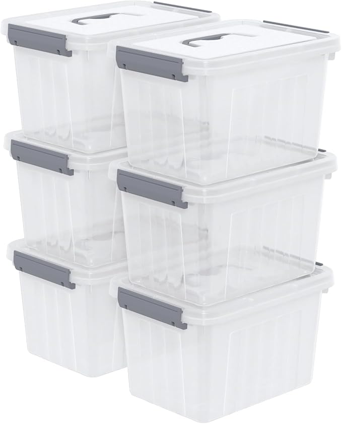 6 Quart Small Clear Latching Bins with Lids Plastic Storage Tote Box with Handle 6 Packs
