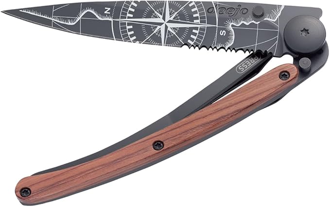 deejo - 37G Serrated Folding Pocket Knife with Belt Clip - Terra Incognita Design 3.7-Inch Stainless Steel Blade Black Titanium Finish Coral Handle - Lightweight EDC for Home Work Outdoor Use