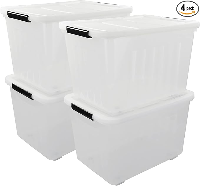 4 Packs 70L Large Plastic Storage Container with Wheels and Latching Lid Stackable Storage Containers Bin Clear