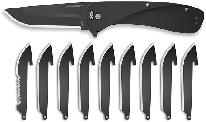 OUTDOOR EDGE RAZOR VX1 Black with 9 Black Drop Point Blades &amp 1 Serrated Blade - Replaceable Blade EDC Folding Pocket Knife - 3 Stainless Blade Black Anodized Aluminum Handle Reversible Pocket