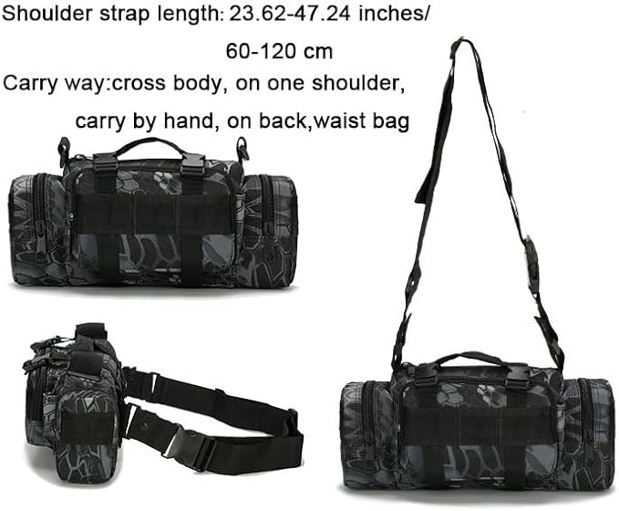 Multifunctional Outdoor Tactical Fanny Pack Waterproof 3P Duffel Waist Bag with Shoulder Strape MOLLE System Camera Bag Chest Pouch (Black Python)