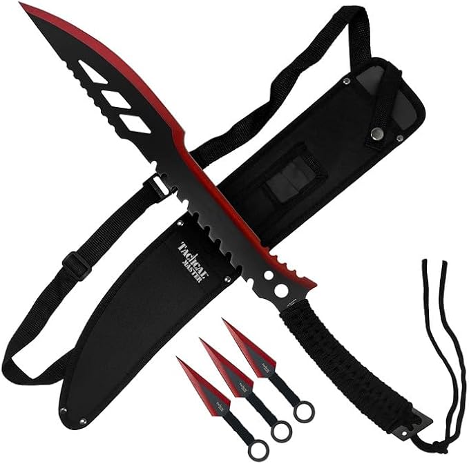 Tactical Flame Skull Machete with 3 Throwing Knives Set
