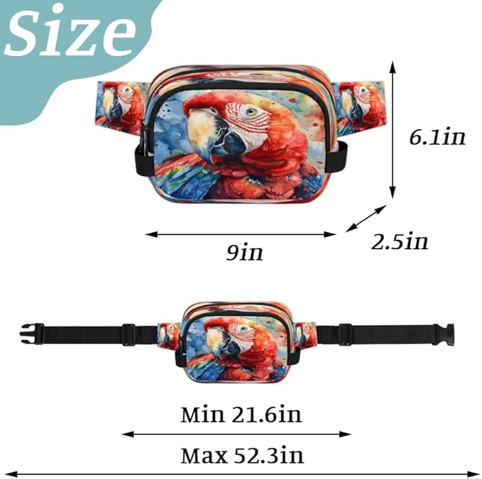Watercolour Parrot Waterproof Fanny Pack for Women Men Adjustable Waist Bag with Double Zipper Pockets Lightweight Square Hip Pack for Running Travel Hiking Workout Cycling