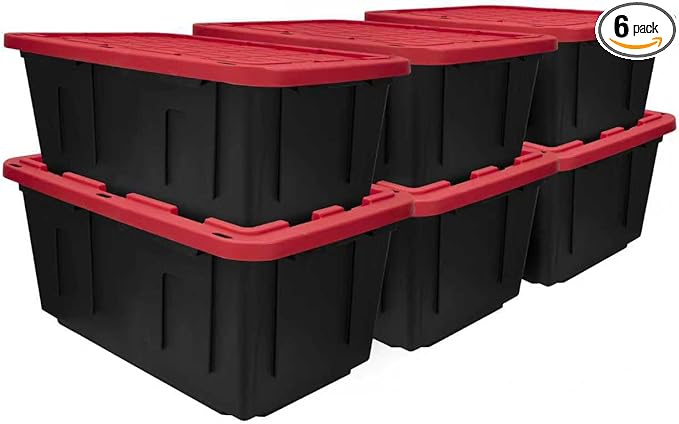 27 Gallon Large Storage Bin with Snap Lid Black and Red Heavy Duty Plastic Stackable 30.6x20.6x14.3 Inches Set of 4 (27 Gallon 6)
