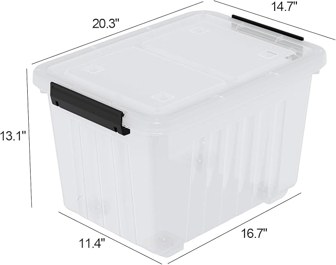 50 L Plastic Lidded Storage Bin 4 Pack Clear Latching Storage Box with Wheels