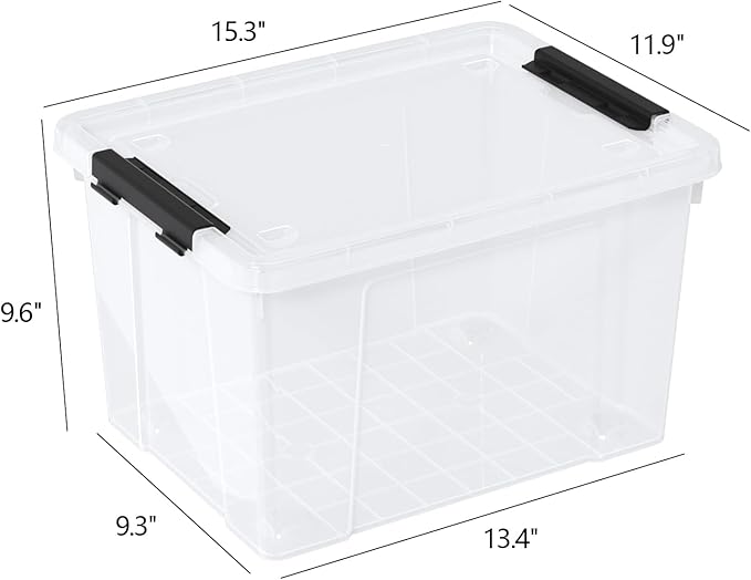 23 L Clear Plastic Storage Box with Lid Stackable Lidded Storage Bin Container with Wheels and Secure Latching Buckles 4 Packs