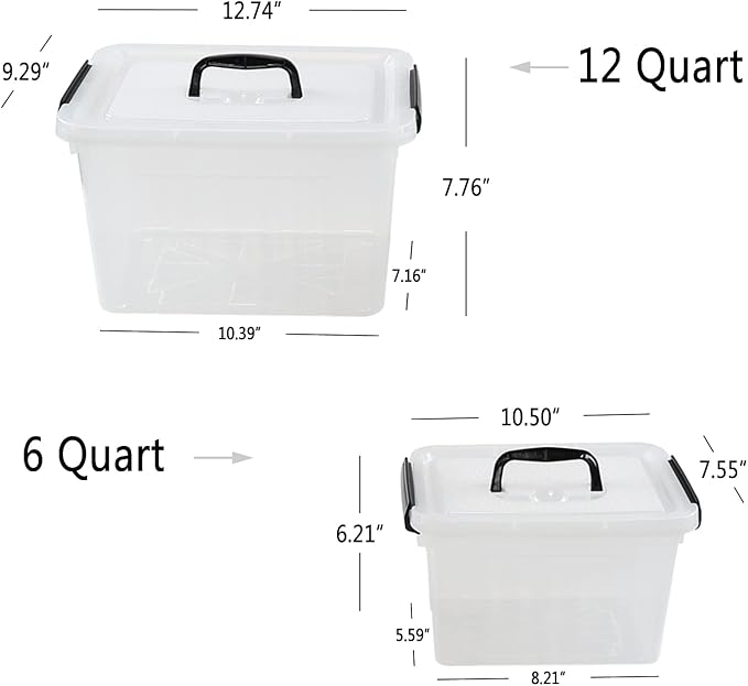 Saedy 12 Quart &amp 6 Quart Plastic Latching Storage Container Box with Handle 2 Pack Clear Lidded Bin