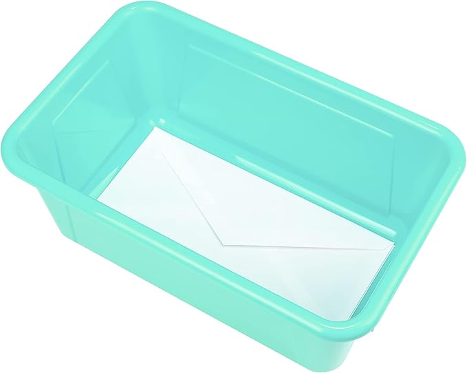 Storex Small Cubby Bins – Plastic Storage Containers for Classroom with Non-Snap Lid 12.2 x 7.8 x 5.1 inches Teal 5-Pack (62412A05C)
