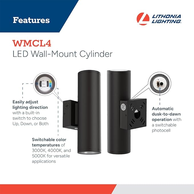 Lithonia Lighting WMCL 4 Inch LED Outdoor Wall Light Modern Cylinder Outdoor Wall Sconce with Up/Down/Both Beam Direction Selectable White Color Photocell Dusk-to-Dawn 75-Degree Beam Spread