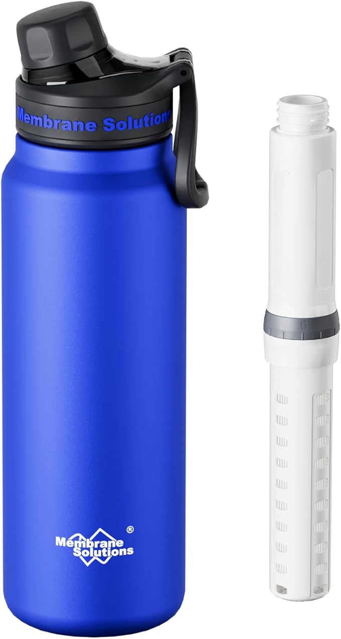 Membrane Solutions C3 Filtered Water Bottle 32oz Stainless Steel Water Bottle with Replaceable UF+ACF Filter Cartridge Portable Water Filter Travel Hiking &amp Camping for Drinking Water