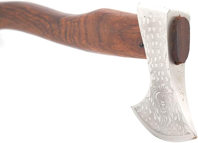 Hand Forged Viking Bearded Axe – 1075 High Carbon Steel Handmade Medieval Style Camping &amp Hunting Axe with Ash Wood Handle and Leather Sheath (Lion)