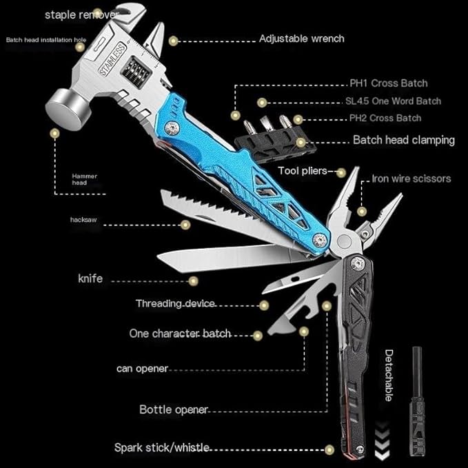 Adjustable Wrench Multitool HammerMultipurpose Adjustable Wrench Multi-Tool 12-in-1 Stainless Steel with Hammer Pliers Knife Bottle Opener for Camping