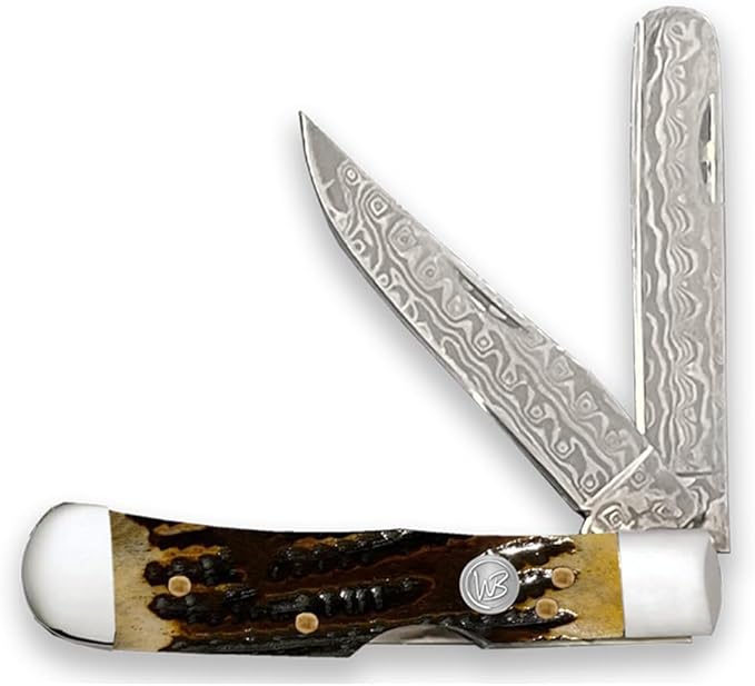 WHISKEY BENT HAT CO. Trapper &amp Locking Bullcutter Folding Pocket Knife 4.125 Closed Length 440C Stainless Steel Blades (Honey Badger - Damascus Blades)