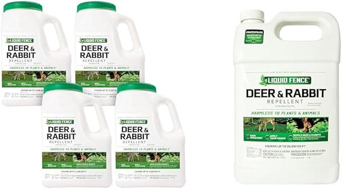 Liquid Fence Deer and Rabbit Repellent Granular 5 Pounds Pack of 4 and Concentrate Repels Deer and Rabbits 1 Gallon