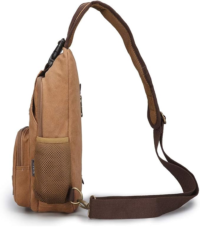 SIMU Sling Bag Pack Canvas Shoulder Sling Backpack Small Crossbody Chest Bag for ipad mini (Large brown)