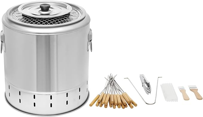 Portable Smokeless Barbecue Charcoal Barrel GrillStainless Steel Surround Charcoal Kebab Grill with 20 Skewers And Bbq 2-In-1 Design for PicnicsCampingTraveling Parties BeachesGardens and More