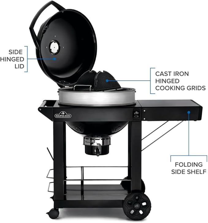 Napoleon PRO22 Charcoal Kettle Grill with Folding Cart Black Porcelain-Enameled Lid and Bowl Chrome-Plated Cooking Grid