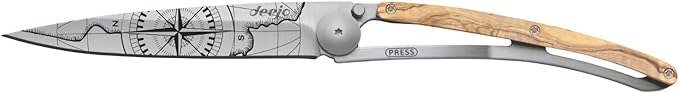 deejo - 37G Folding Pocket Knife with Belt Clip - Terra Incognita Design 3.7-Inch Stainless Steel Blade Olive Wood Handle - Lightweight Everyday Carry for Home Work and Outdoor Use