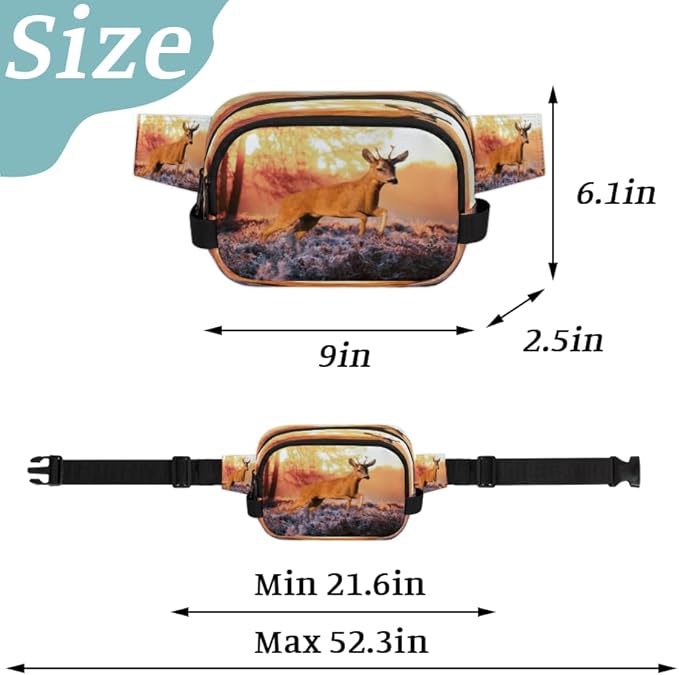Sunset Deep Woods Elk Waterproof Fanny Pack for Women Men Adjustable Waist Bag with Double Zipper Pockets Lightweight Square Hip Pack for Running Travel Hiking Workout Cycling