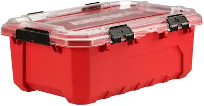 Professional Heavy Duty Waterproof Stackable Plastic Storage Container with Hinged Lid Red Rectangular (12 Gal)