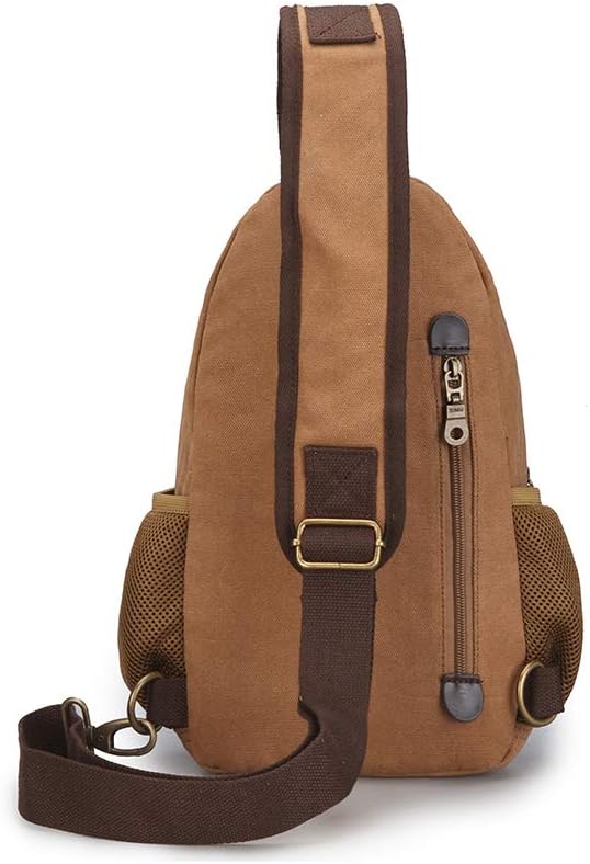 SIMU Sling Bag Pack Canvas Shoulder Sling Backpack Small Crossbody Chest Bag for ipad mini (Large brown)