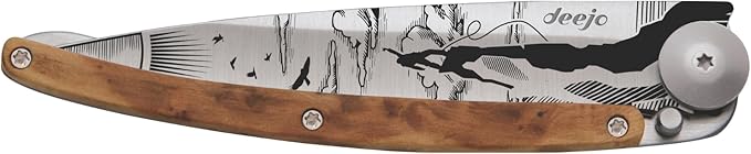 deejo - 37G Folding Pocket Knife with Belt Clip - Climbing Design 3.7-Inch Stainless Steel Blade Juniper Wood Handle - Lightweight Everyday Carry for Home Work and Outdoor Use