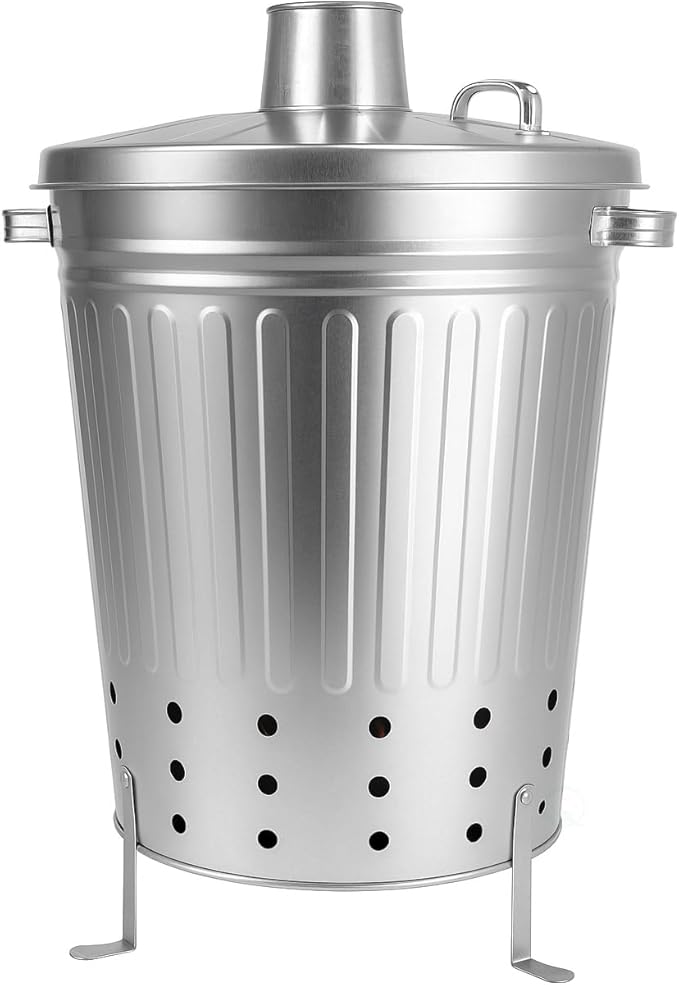 Gardenised Silver Galvanized Steel Outdoor Incinerator Can Large Garden Waste Burner Bin with Lid Ventilation Holes &amp Raised Legs for Yard Patio Backyard Leaves Paper and Household Debris