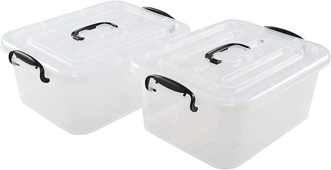 2 Packs 8 Quart Plastic Craft Storage Container Bins with Lids Small Organizer Tote with Handle Stackable Carry Handle Clear
