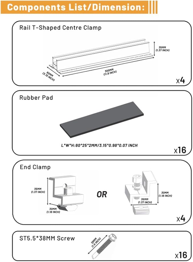 Solar Mounting Kit for Flat Roof and GroundShingle or Metal RoofsMounting Rails Clamps SetComplete DIY Solar Racking Kit for Home InstallationFits Standard 35mm Panel Frames(4) Short 11.8” Rails