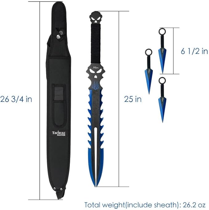 Tactical Flame Skull Machete with 3 Throwing Knives Set