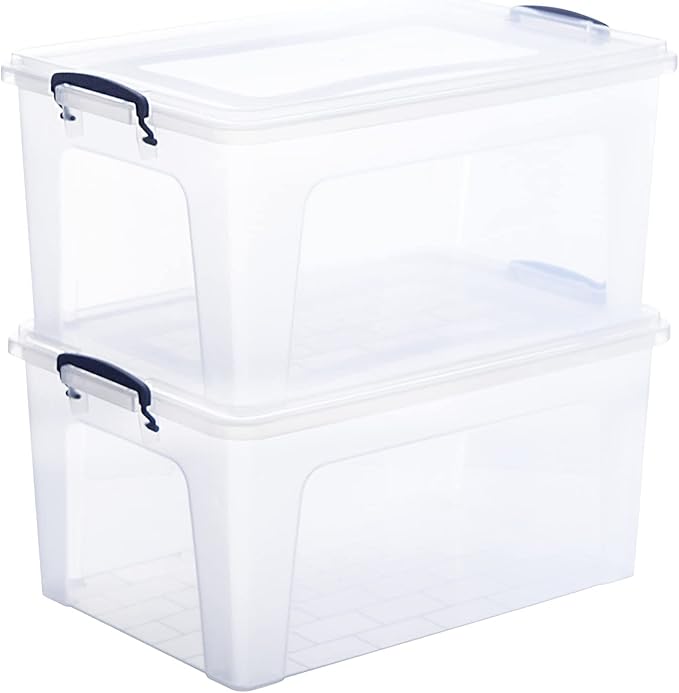 Superio Clear Storage Boxes with Lids Plastic Container Bins for Organizing Stackable Crates BPA Free Non Toxic Odor Free Organizers for Home Office School and Dorm (28.5 Quart 12 Pack)