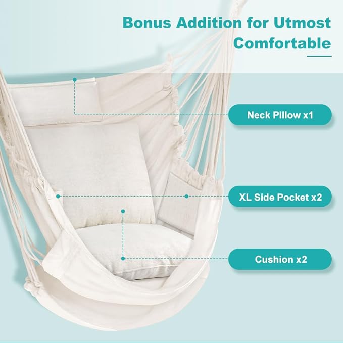 Outerman Hammock Chair Hanging Chair with 3 Cushions and Foot Rest Support Sturdy Metal Spreader Bar Max 440 Lbs Swing Chair for Bedroom Indoor &amp Outdoor Patio Porch or Tree（White）