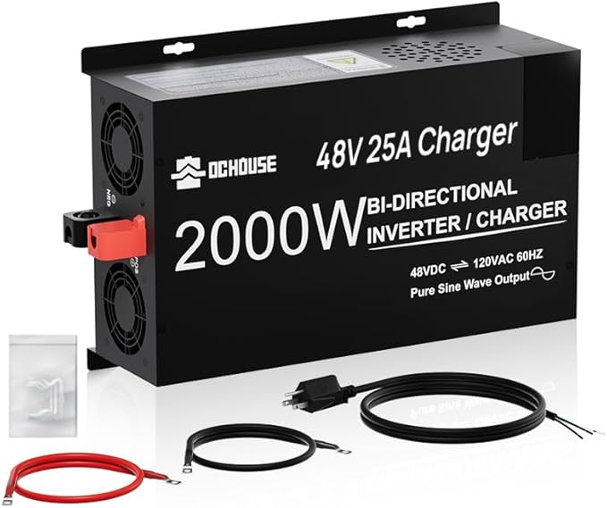 DC HOUSE 2000W Pure Sine Wave Inverter + 48V 25A Lithium Battery Charger 3 AC Outlets 48V DC to 120V AC Power Supply for Off-Grid Power Home Backup Outdoor Power Stations Golf Carts Batteries