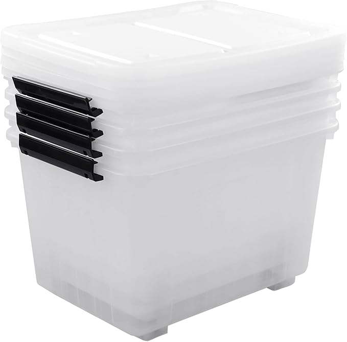 Xyskin Large Storage Bin with Buckle Down Lid Clear Plastic Storage Organizer Container with Wheels 70 L 4 Pack