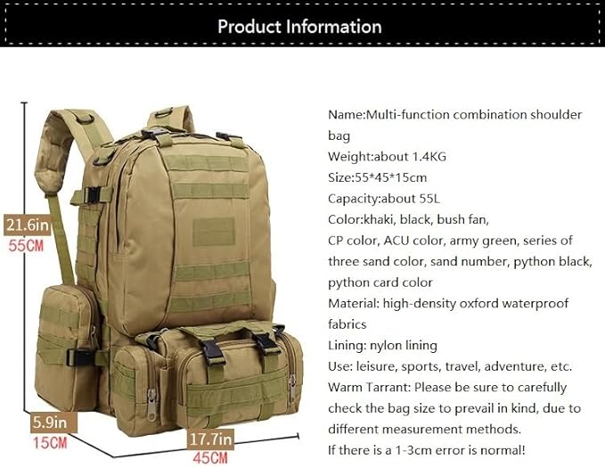 Tactical Backpack Military Molle Hiking 55L Outdoor mountaineering camping traveling camouflage tactical khaki