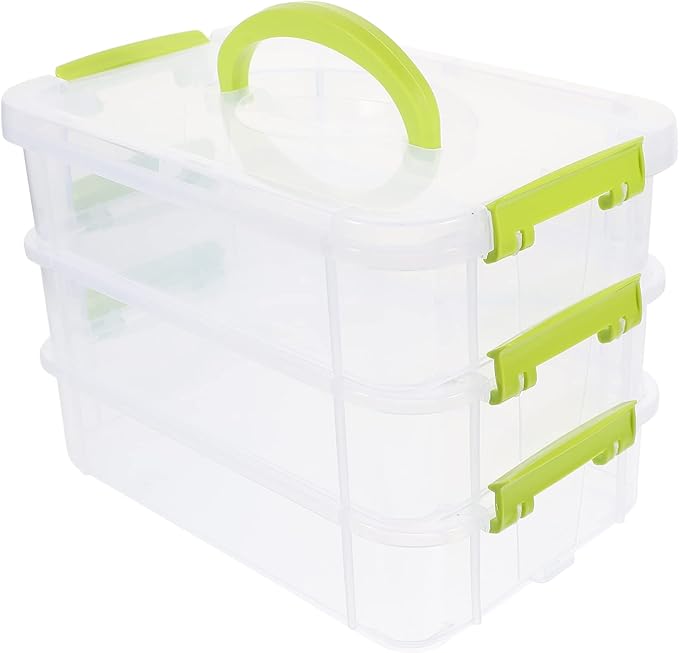 3-Tier Stackable Storage Container Box Handled Organizer Storage Box Stackable Carry Box with Removable Tray Transparent Storage Case Stack Carry Storage Box