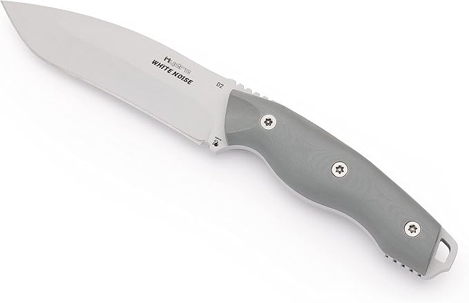 Hydra Knives WHITE NOISE Knife. 5.12 Full Tang Fixed Blade. Drop Point Shape with Böhler K110 (D2) Steel 58-60 HRC. CNC G10 Grey Handle. Kydex Black Sheath. Hunting Tactical Bushcraft Outdoor and