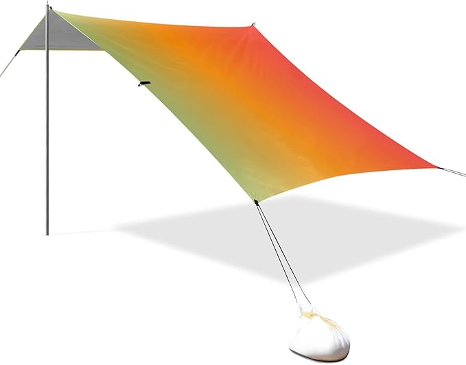 Green Red Gradient Foldable Beach Tent UPF50+ Waterproof Shade Sun Shelter with Sturdy Poles Sandbags and Shovel for Camping Picnics Backyard
