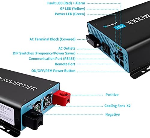 Renogy 1000W Pure Sine Wave Inverter with ECO Mode 12V DC to AC 120V 110V Converter for Off-Grid Solar System Home RV Solar Power Inverter with Remote Switch Surge 2000W