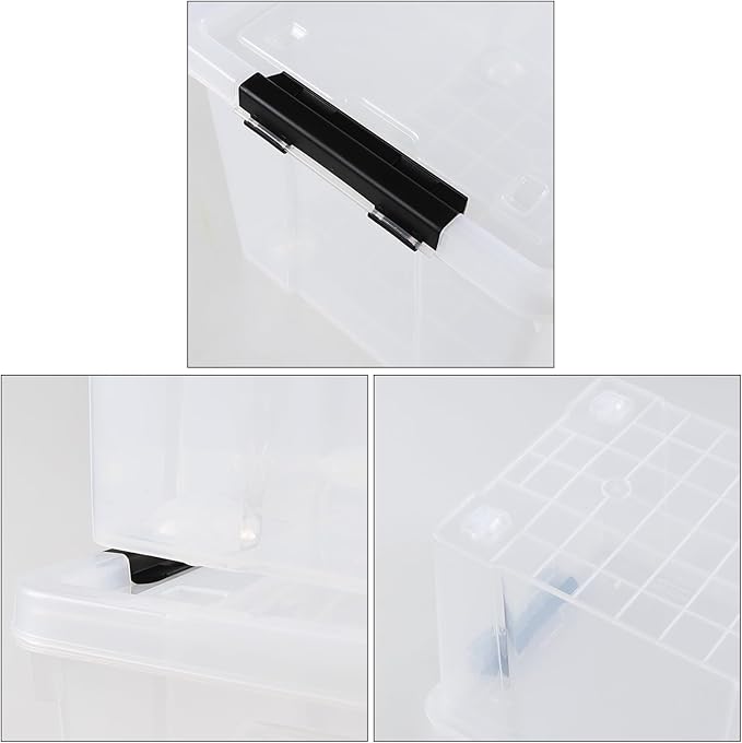 Sandmovie 40 Quart Clear Large Plastic Storage Bin Latching Storage Box with Lids and Wheels Pack of 4