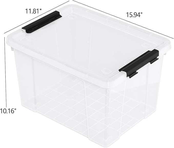4 Pack 23 L Plastic Latching Storage Box with Wheels Stackable Container Bin for Holiday Decorations and Accessories Clear