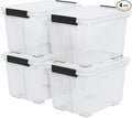 Zopnny 30 Quart Plastic Stacker Box Large Storage Bin Container with Latching Lids and Wheels for Home and Garage Organizing Shoes Tools Clear Base 4-Pack