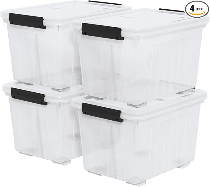 Zopnny 30 Quart Plastic Stacker Box Large Storage Bin Container with Latching Lids and Wheels for Home and Garage Organizing Shoes Tools Clear Base 4-Pack