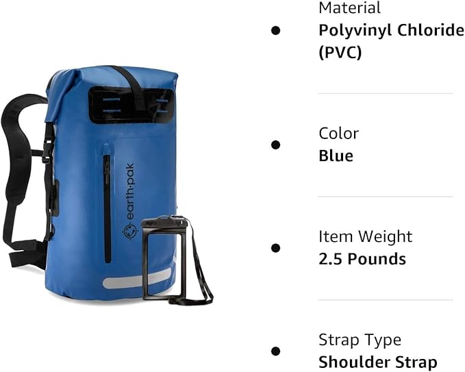 Earth Pak Waterproof Backpack - Heavy Duty Roll-Top Closure with Easy Access Front-Zippered Pocket and Cushioned Padded Back Panel for Comfort with IPX8 Waterproof Phone Case